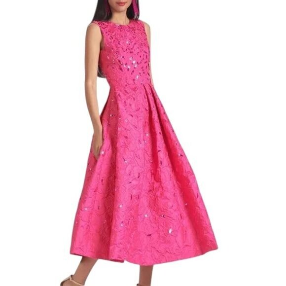 Sachin & Babi Ashley Brocade Midi Dress Pink Glitter Pockets Lined Prom Formal - Picture 2 of 16